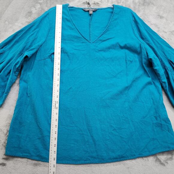 Market & Spruce Top Womens 2X Blue Linen Blend Ashlea Pleated Bell Sleeve V-Neck - Picture 10 of 11